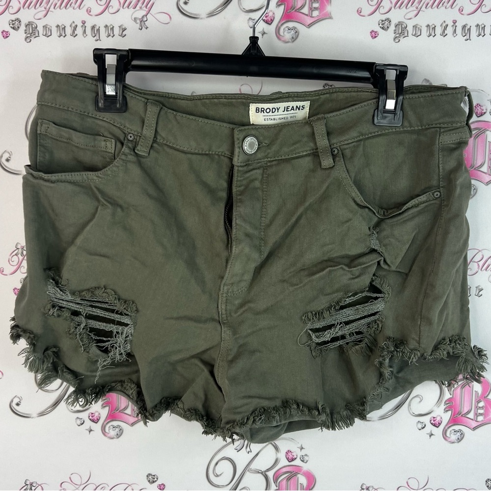 Brody Jeans shorts denim jeans green military cargo Olive Distressed Jean Shorts